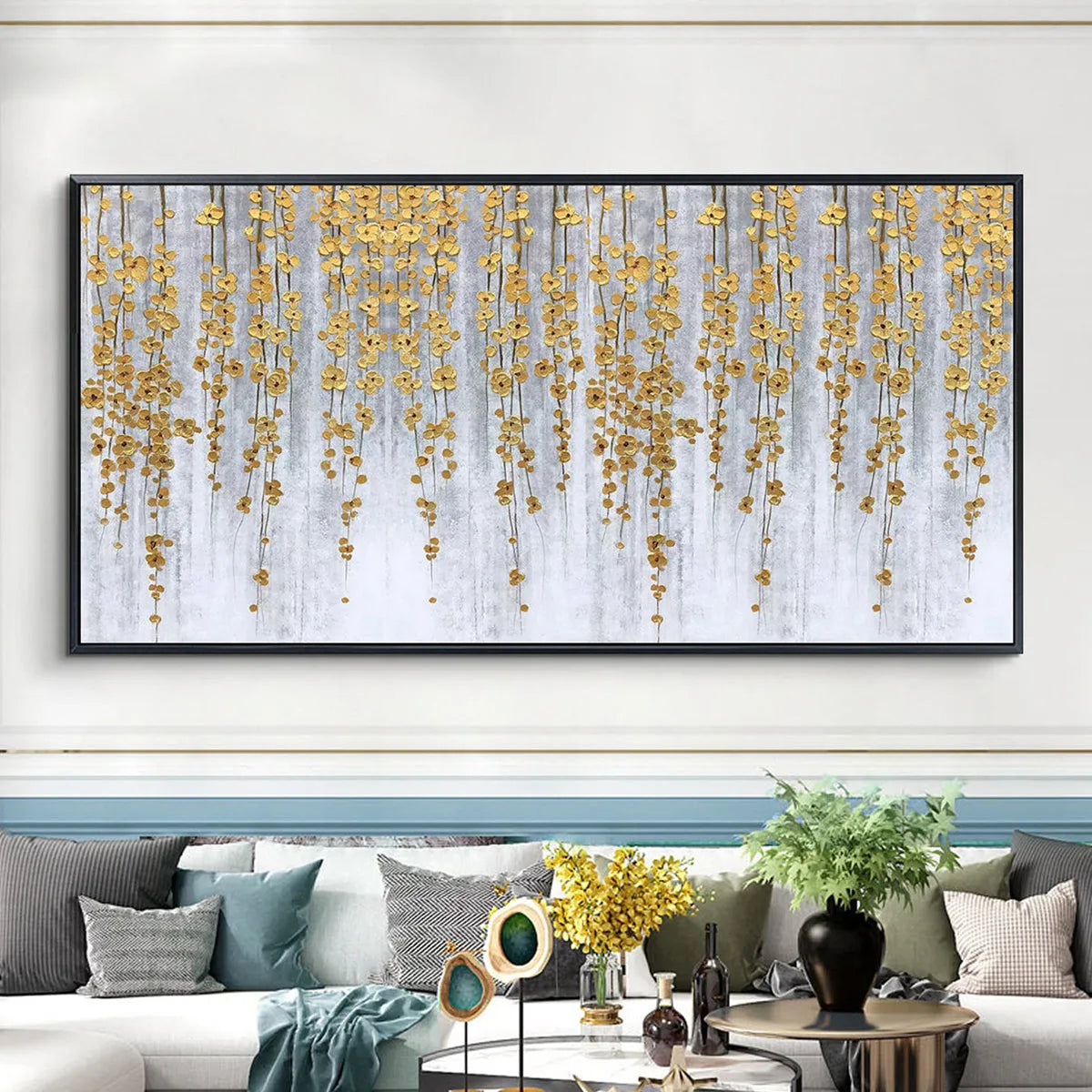 GOLDEN RAIN: Minimalist Floral Oil Painting in Gold and Grey