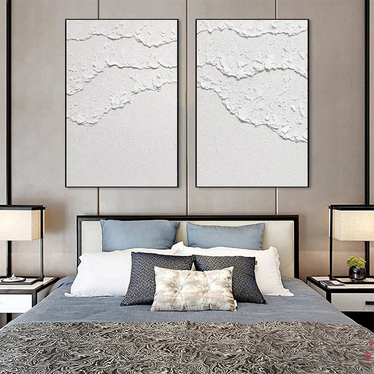 WHITE TEXTURED WAVES DIPTYCH: Textured Abstract Painting Set of 2, Vertical Wall Art