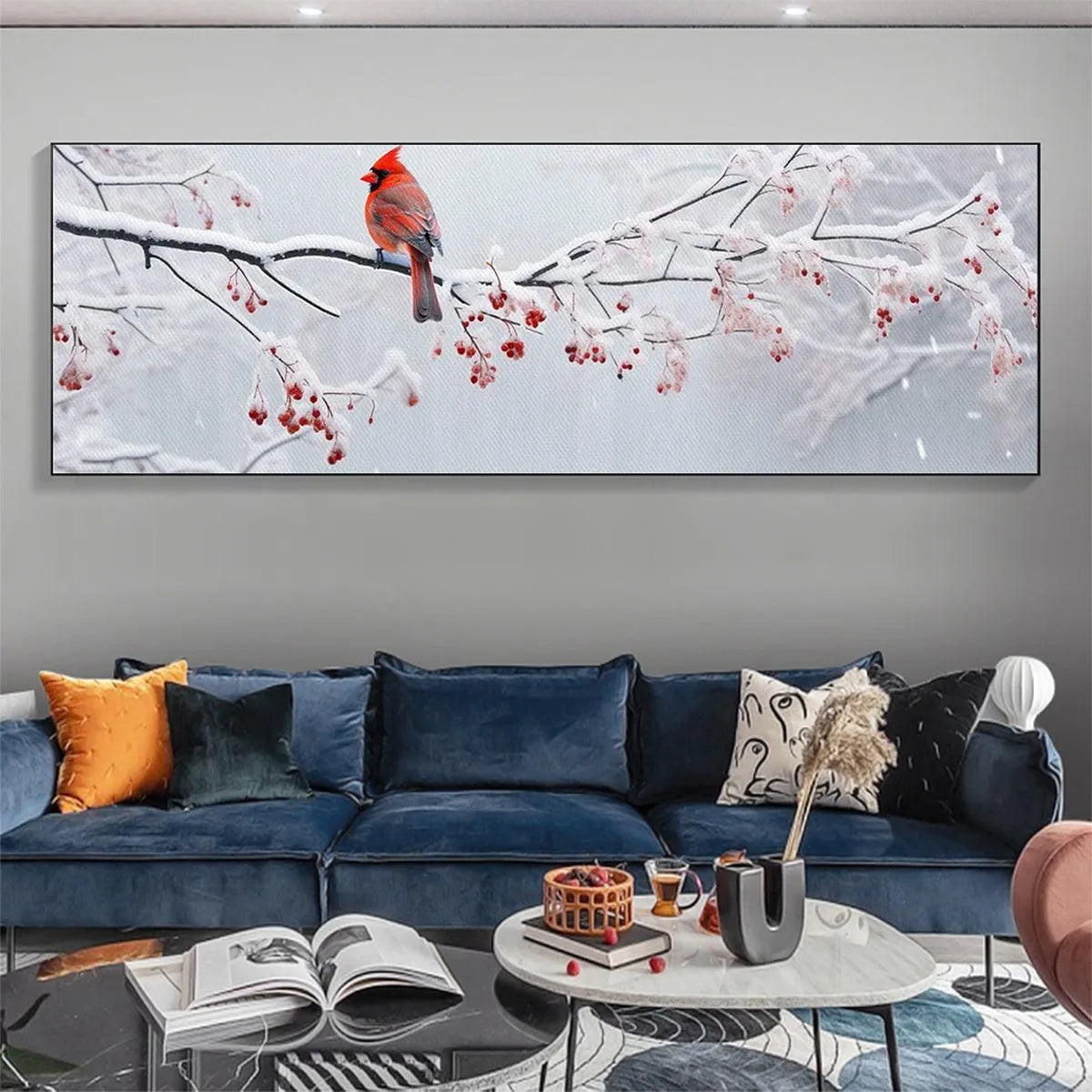 WINTER CARDINAL PANORAMIC: Bird Painting, Panoramic Wall Art, Winter Decor