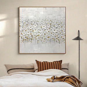 WHITE BLOSSOM FIELD textured floral wall art with gold accents, scaled above a bed in a contemporary bedroom.