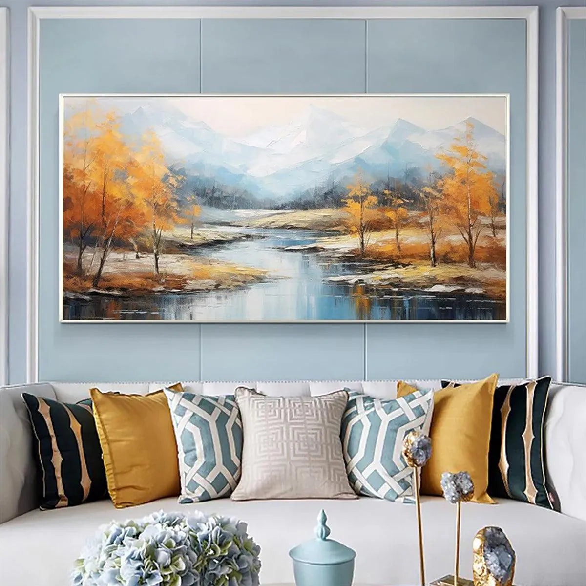 GOLDEN AUTUMN VALLEY: Traditional Landscape Painting in Yellow and Blue