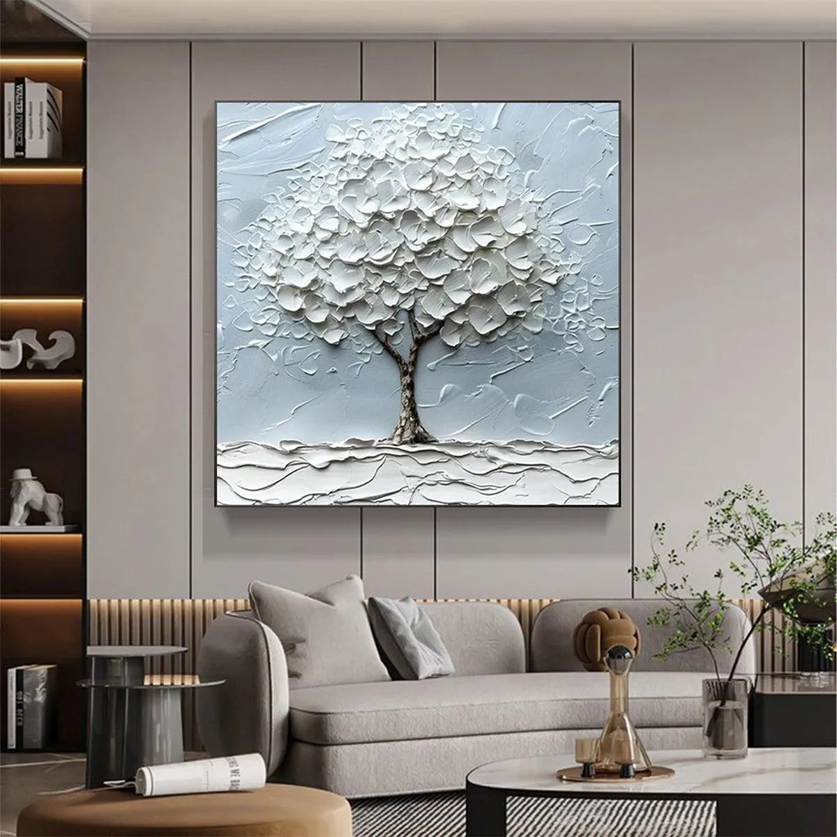 WINTER'S EMBRACE: Textured Tree Painting, Impasto Wall Art, Square Canvas, Winter Decor, Minimalist Art