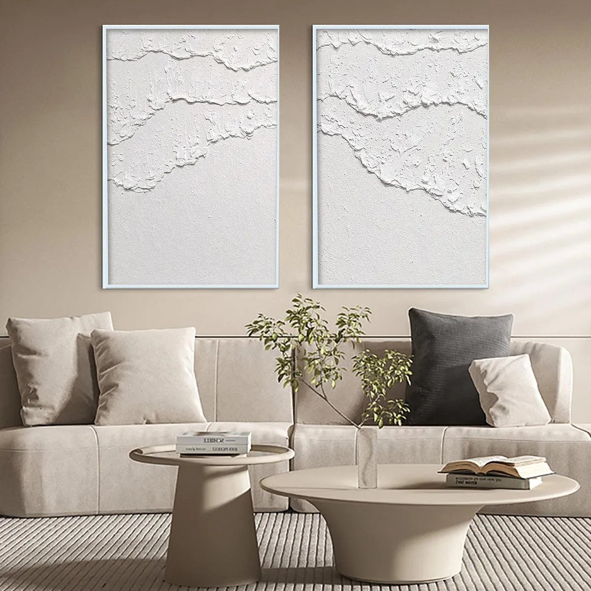 WHITE TEXTURED WAVES DIPTYCH: Textured Abstract Painting Set of 2, Vertical Wall Art