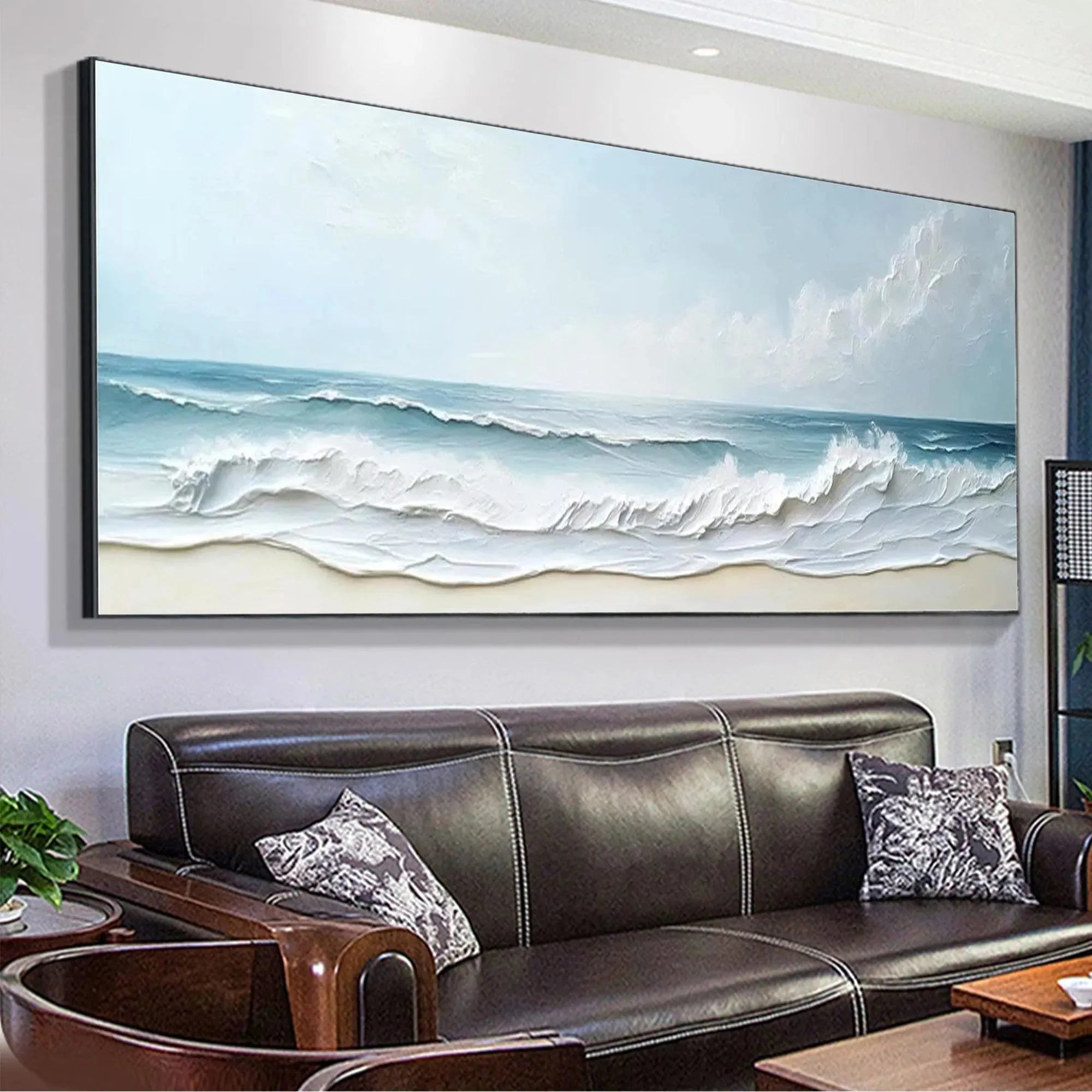 Panoramic Ocean Oil Painting | Blue White Wall Art