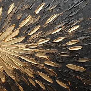 Close-up of Golden Burst impasto painting, showing textured gold strokes on black background.