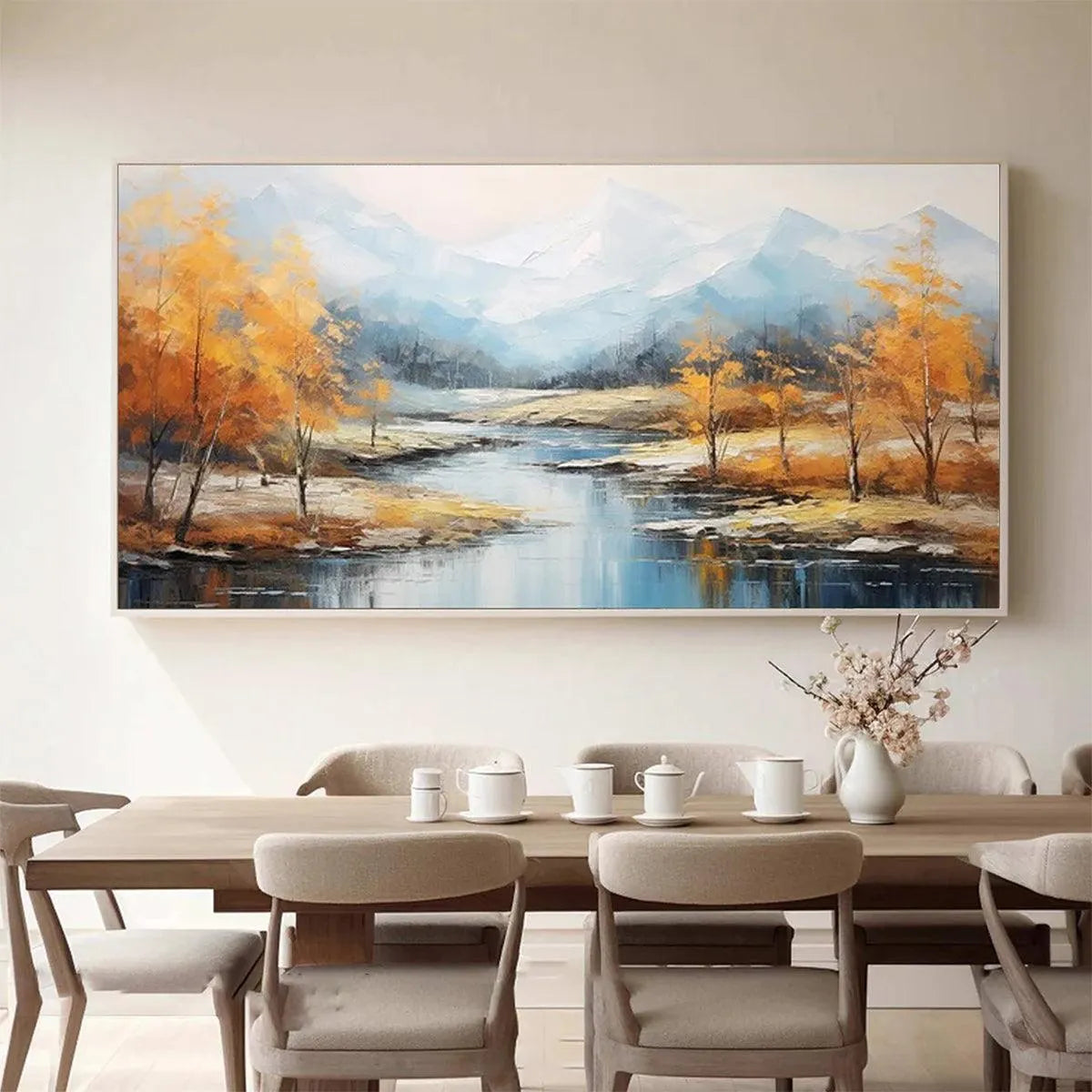 GOLDEN AUTUMN VALLEY: Traditional Landscape Painting in Yellow and Blue