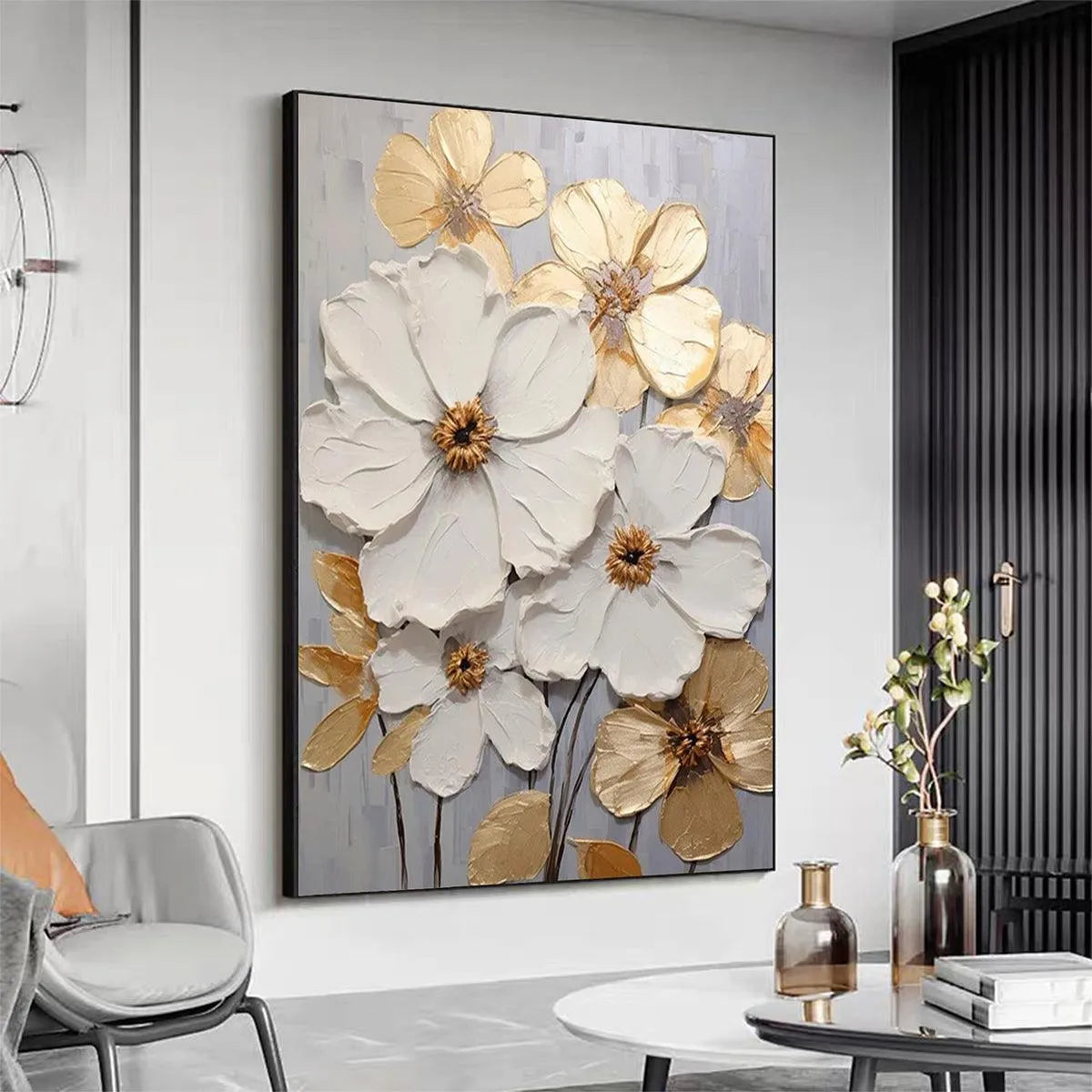 GOLDEN WHISPERS: Textured Floral Painting, Gold and White Wall Art, Vertical Canvas, Impasto Decor