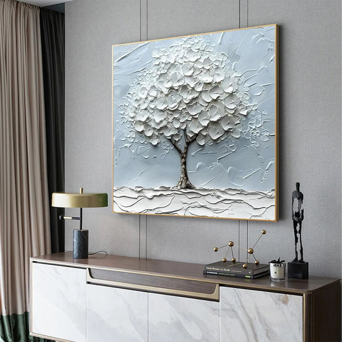 WINTER'S EMBRACE: Textured Tree Painting, Impasto Wall Art, Square Canvas, Winter Decor, Minimalist Art