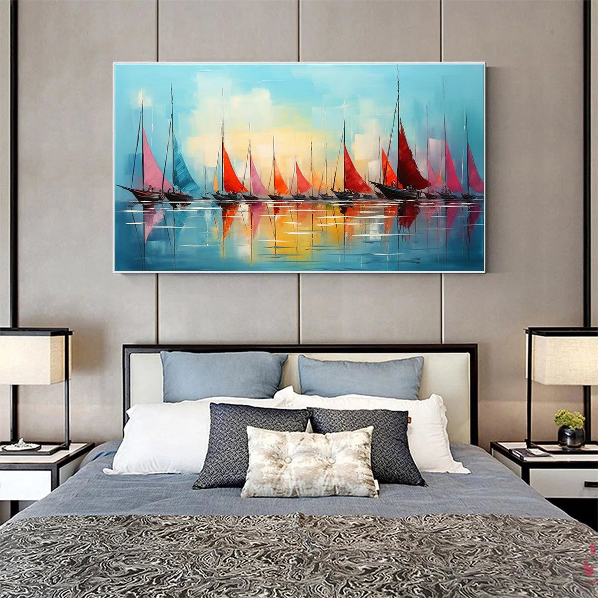 REGATTA AT DAWN: Panoramic Sailboat Painting, Colorful Sunrise