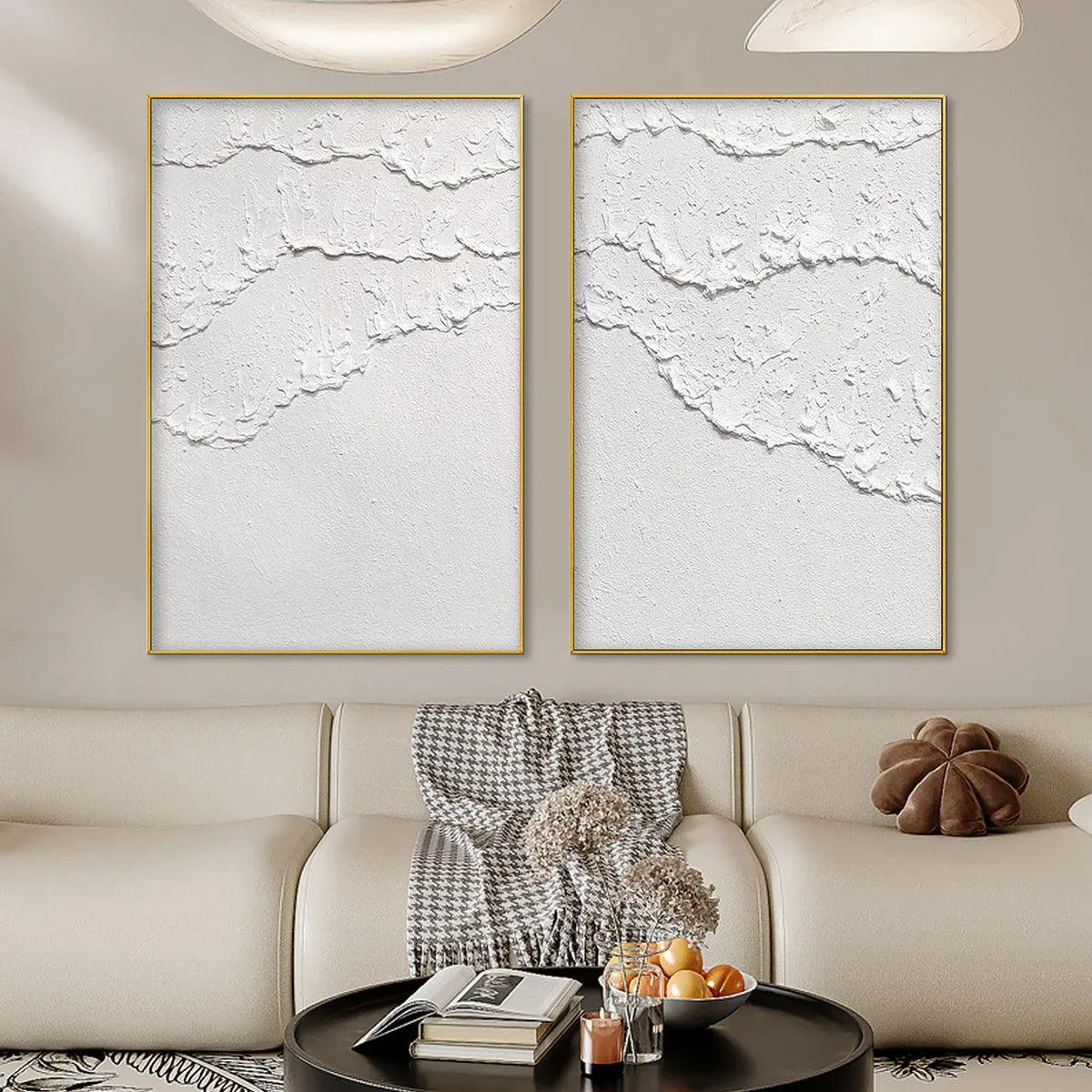 WHITE TEXTURED WAVES DIPTYCH: Textured Abstract Painting Set of 2, Vertical Wall Art