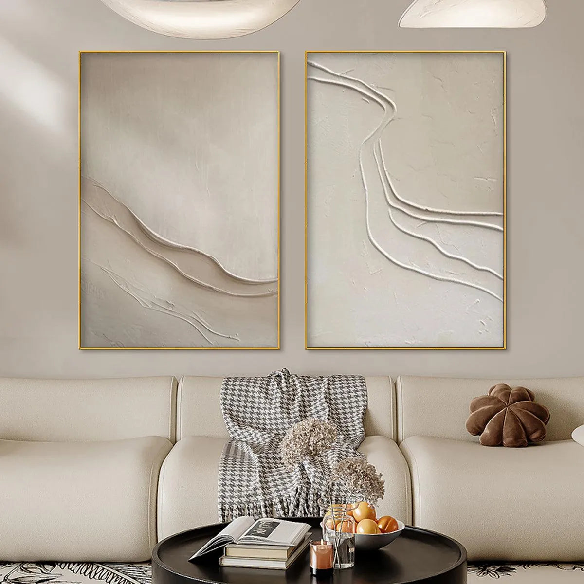 BEIGE TEXTURED ABSTRACT DIPTYCH: Textured Abstract Painting Set of 2, Square Wall Art