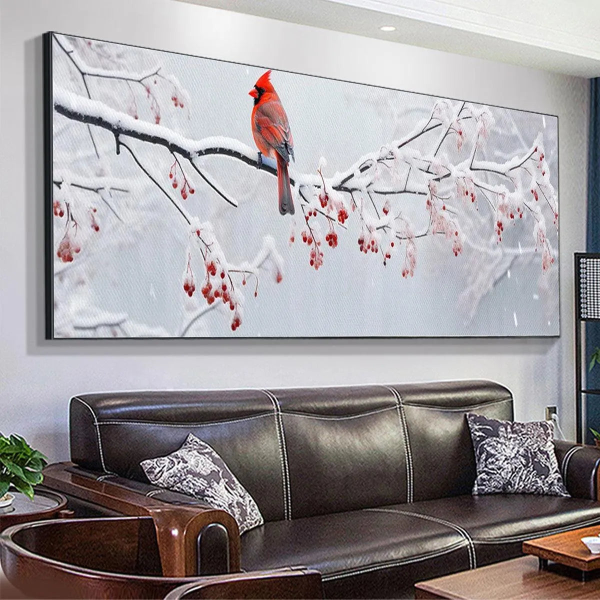 WINTER CARDINAL PANORAMIC: Bird Painting, Panoramic Wall Art, Winter Decor