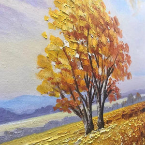 Isabella Rossi's Golden Harvest: Artistic detail showing impasto texture on autumn trees and golden field.