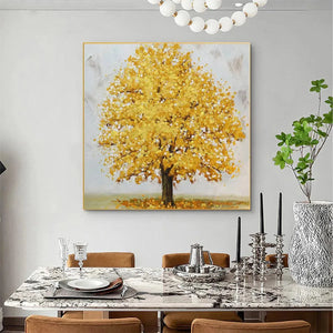 Golden Majesty textured golden tree painting by Willow Davies, square wall art, autumn-inspired, ideal for living room decor.