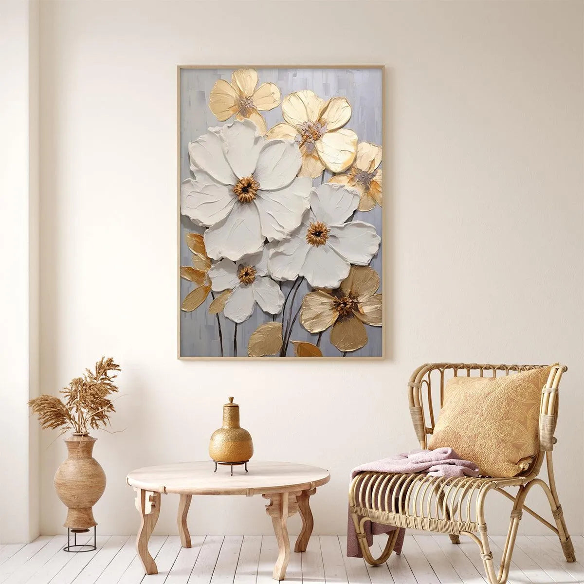 GOLDEN WHISPERS: Textured Floral Painting, Gold and White Wall Art, Vertical Canvas, Impasto Decor