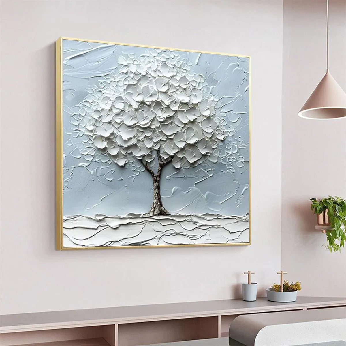 WINTER'S EMBRACE: Textured Tree Painting, Impasto Wall Art, Square Canvas, Winter Decor, Minimalist Art