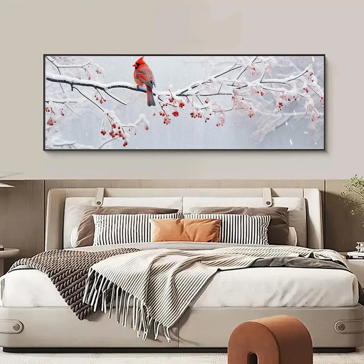 WINTER CARDINAL PANORAMIC: Bird Painting, Panoramic Wall Art, Winter Decor