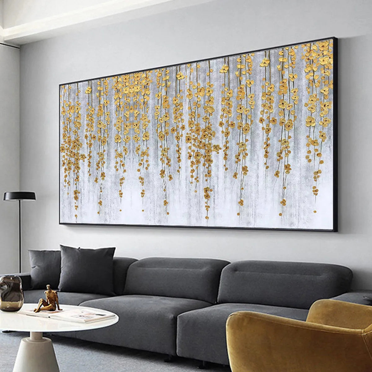 GOLDEN RAIN: Minimalist Floral Oil Painting in Gold and Grey