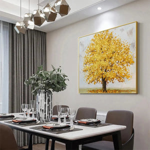 Golden Majesty golden tree painting by Willow Davies in modern dining room, square wall art.