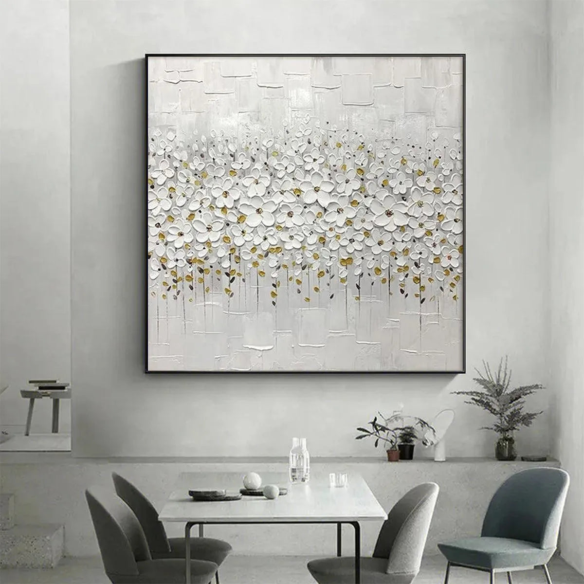 WHITE BLOSSOM FIELD: Textured White Floral Painting, Square Wall Art