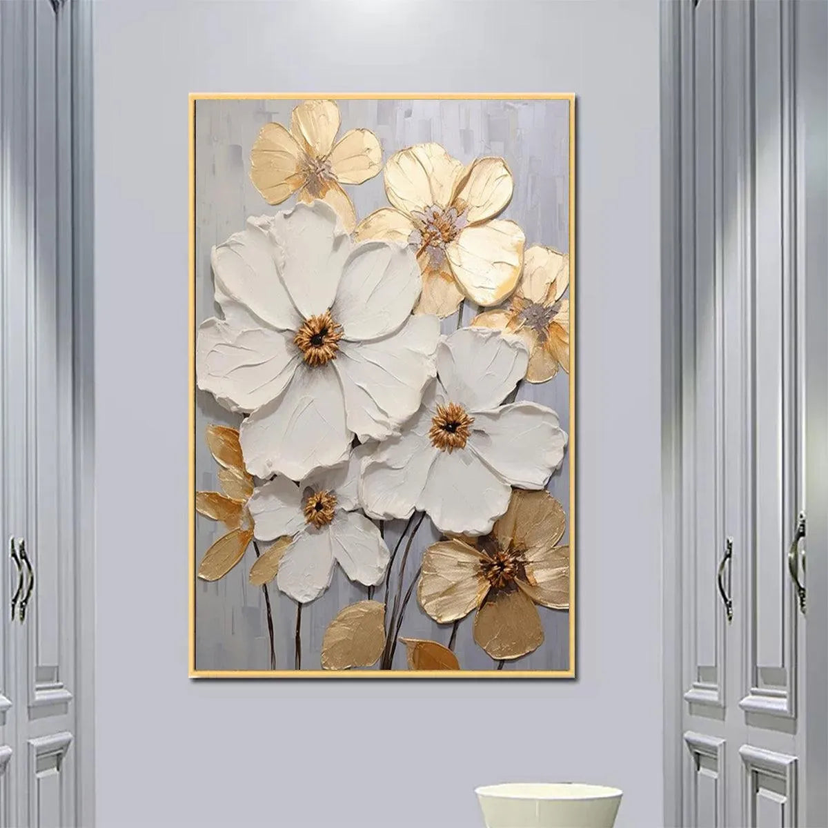 GOLDEN WHISPERS: Textured Floral Painting, Gold and White Wall Art, Vertical Canvas, Impasto Decor