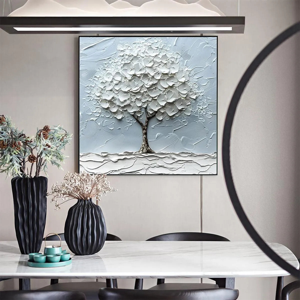 WINTER'S EMBRACE: Textured Tree Painting, Impasto Wall Art, Square Canvas, Winter Decor, Minimalist Art