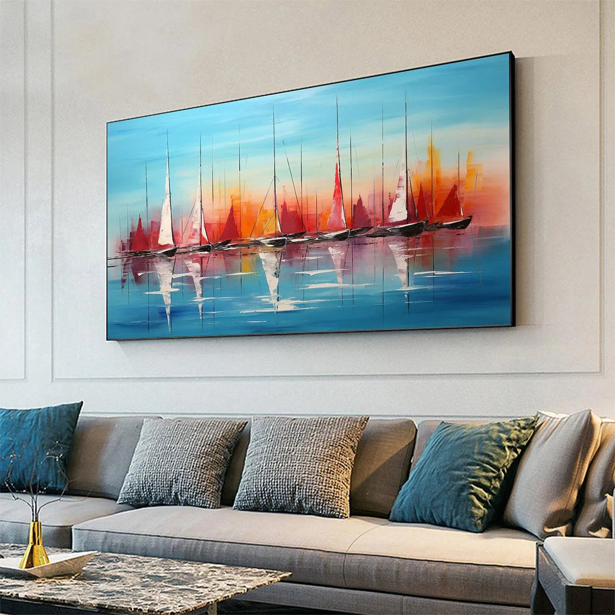 HARBOR SUNSET: Panoramic Sailboat Painting, Colorful Sunset