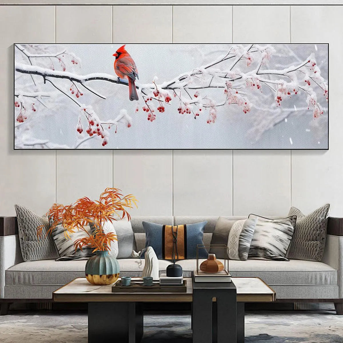 WINTER CARDINAL PANORAMIC: Bird Painting, Panoramic Wall Art, Winter Decor