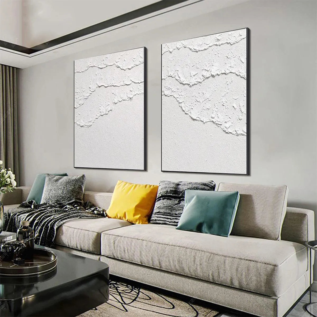 WHITE TEXTURED WAVES DIPTYCH: Textured Abstract Painting Set of 2, Vertical Wall Art