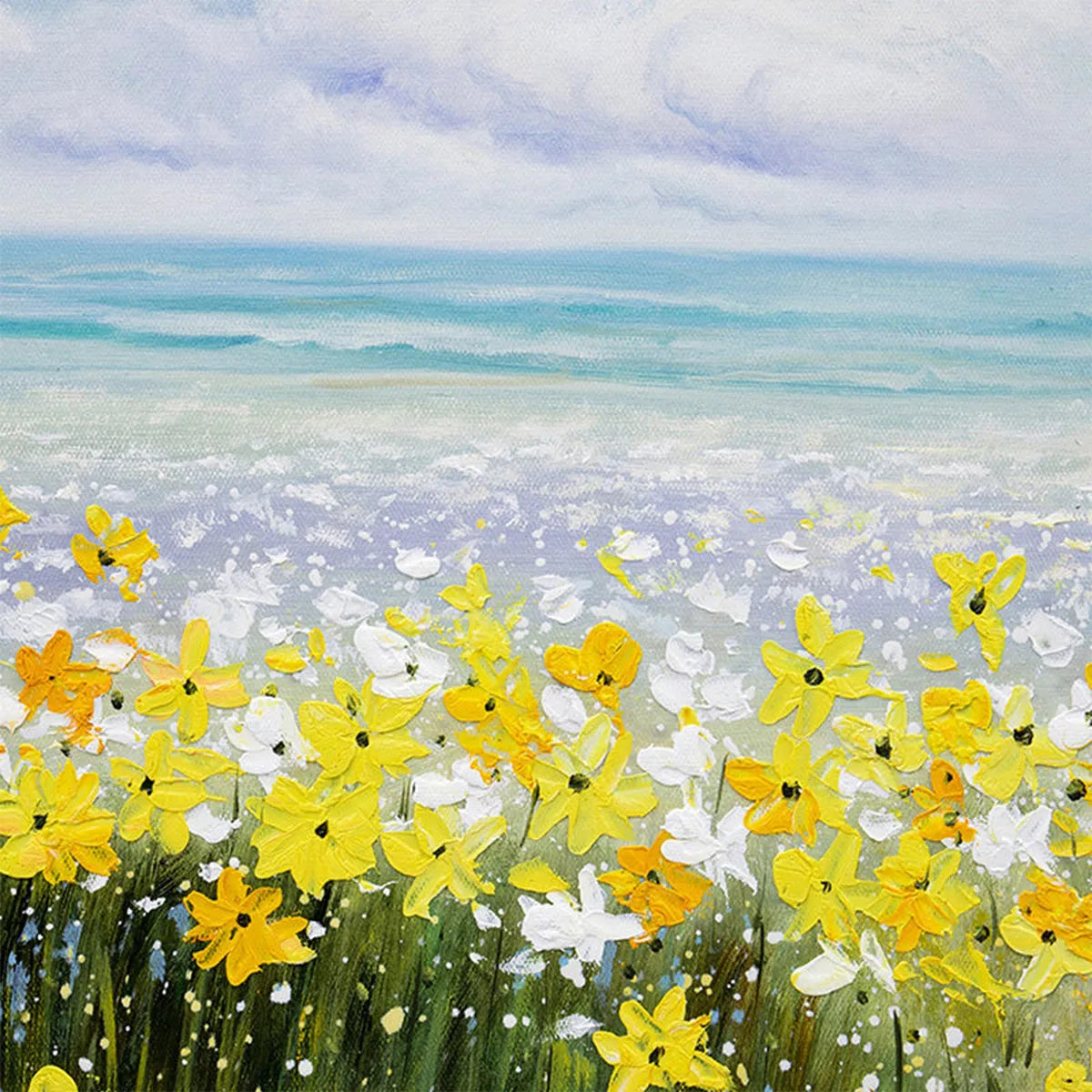 GOLDEN HOUR BLOOM: Landscape Oil Painting with Yellow Wildflowers and Blue Sky