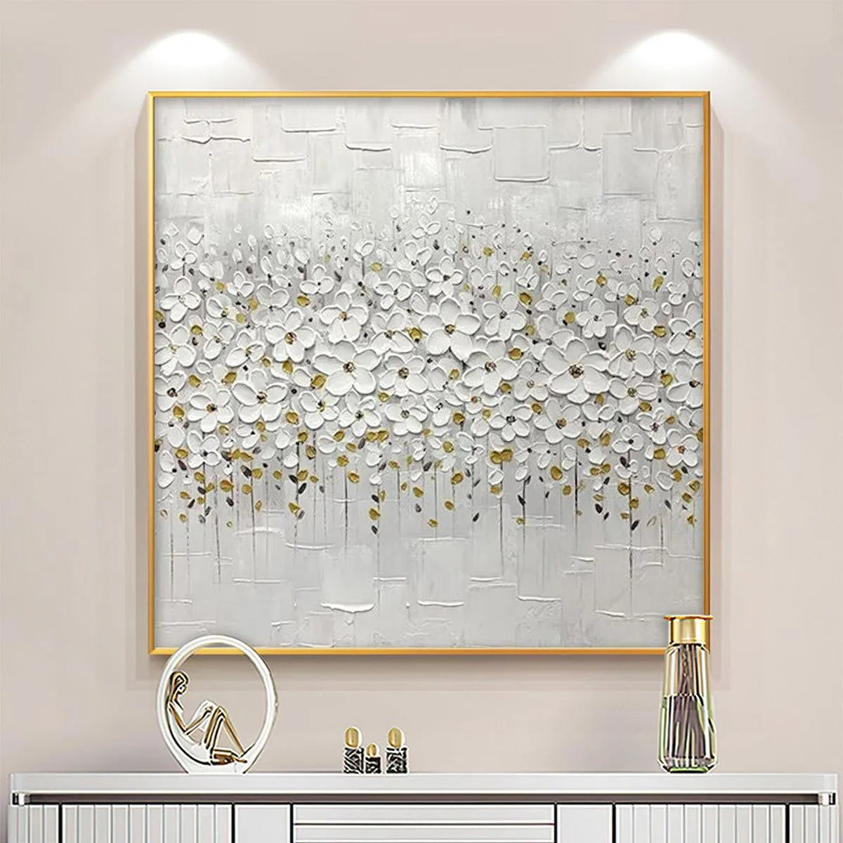 WHITE BLOSSOM FIELD: Textured White Floral Painting, Square Wall Art