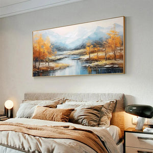 Golden Autumn Valley traditional painting, yellow and blue, framed, complements modern bedroom decor.