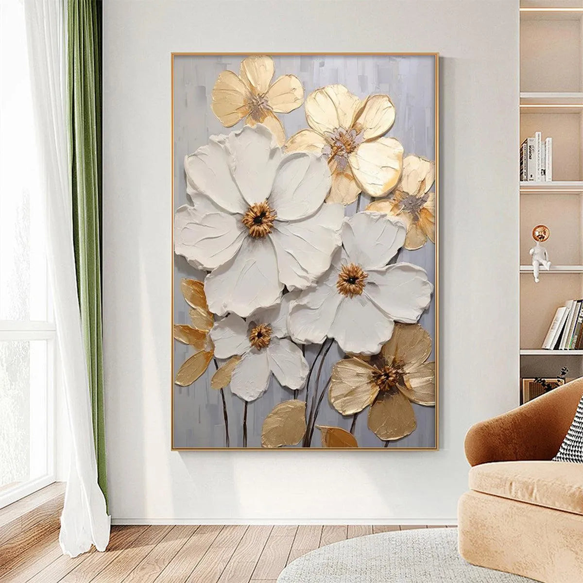 GOLDEN WHISPERS: Textured Floral Painting, Gold and White Wall Art, Vertical Canvas, Impasto Decor