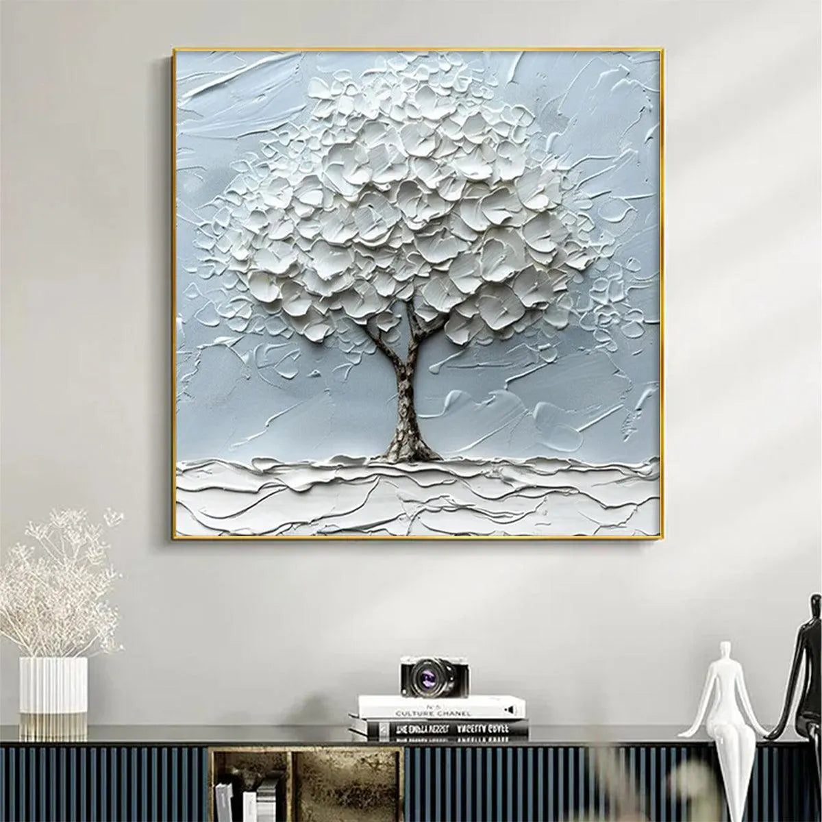 WINTER'S EMBRACE: Textured Tree Painting, Impasto Wall Art, Square Canvas, Winter Decor, Minimalist Art