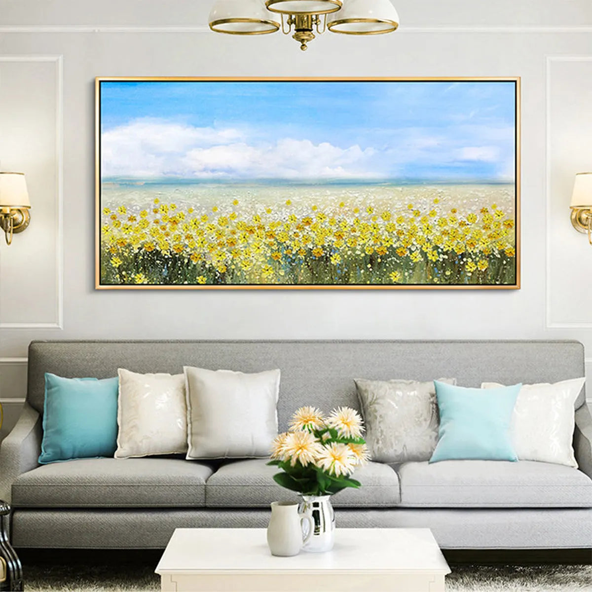 GOLDEN HOUR BLOOM: Landscape Oil Painting with Yellow Wildflowers and Blue Sky