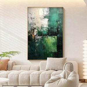 Isabella Rossi Textured Green Abstract painting, vertical framed wall art, modern decor with green and gold tones.