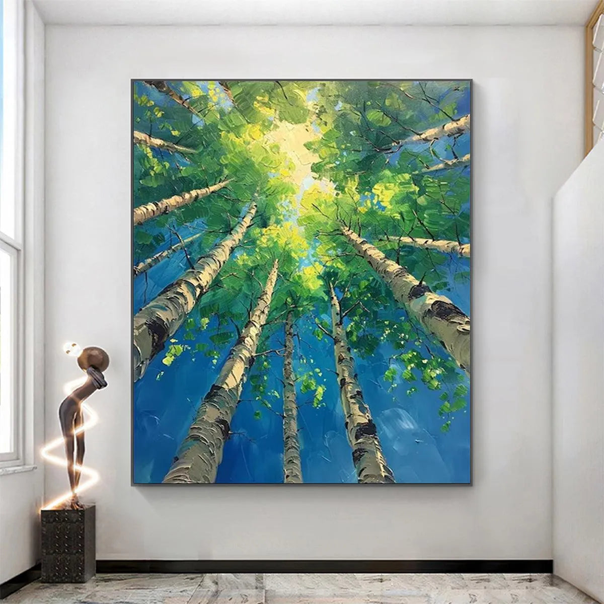 FOREST SUNRISE: Textured Birch Tree Painting, Impasto Wall Art, Vertical Canvas, Nature Decor