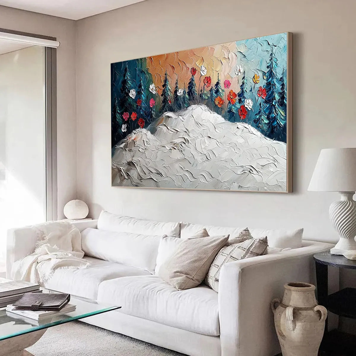 FROZEN BLOOM: Textured Impasto Landscape with Floral Accents