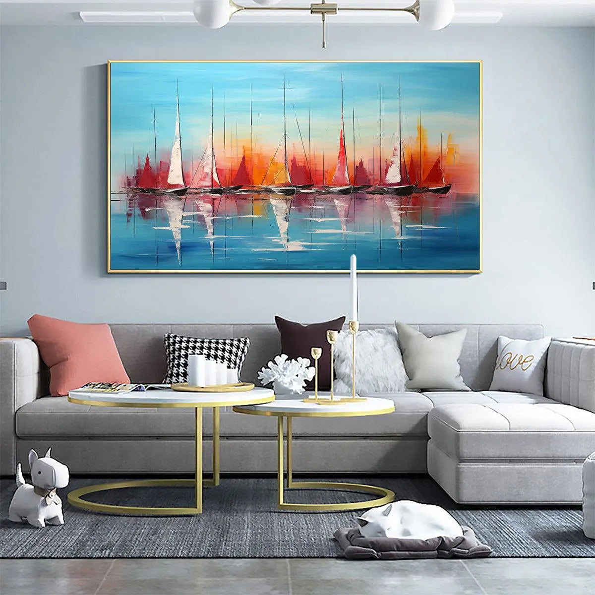 HARBOR SUNSET: Panoramic Sailboat Painting, Colorful Sunset