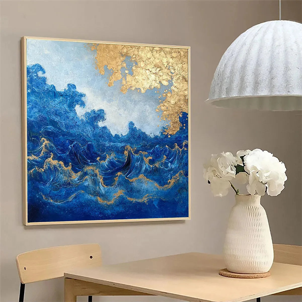 AZURE CREST: Square Abstract Ocean Waves Oil Painting with Gold Leaf