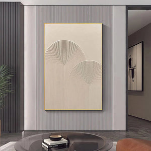 Javier Ramirez's Textured Rainbow painting, minimalist beige artwork with arched designs for modern interiors.