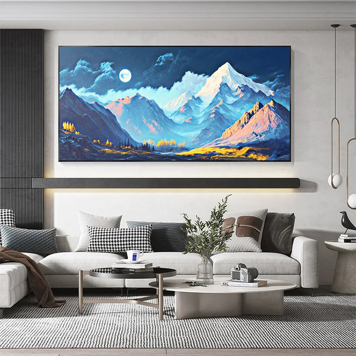 MOONLIT MAJESTY: Panoramic Mountain Landscape Oil Painting with Moon