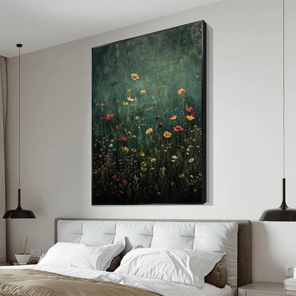 MEADOW'S EMBRACE: Moody Floral Botanical Painting, Vertical Wall Art