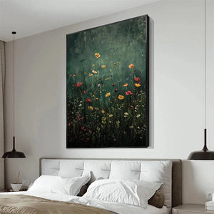 MEADOW'S EMBRACE floral art by Elodie Dubois. Vertical framed painting, wildflowers on dark green, modern decor.