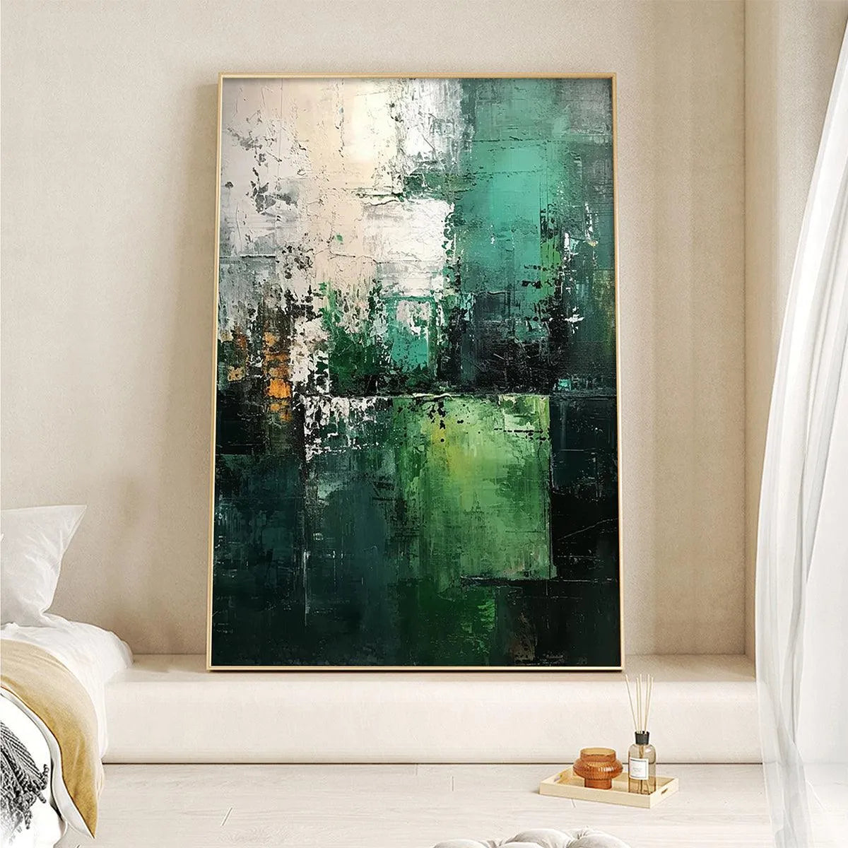 TEXTURED GREEN ABSTRACT: Impasto Abstract Painting, Vertical Wall Art