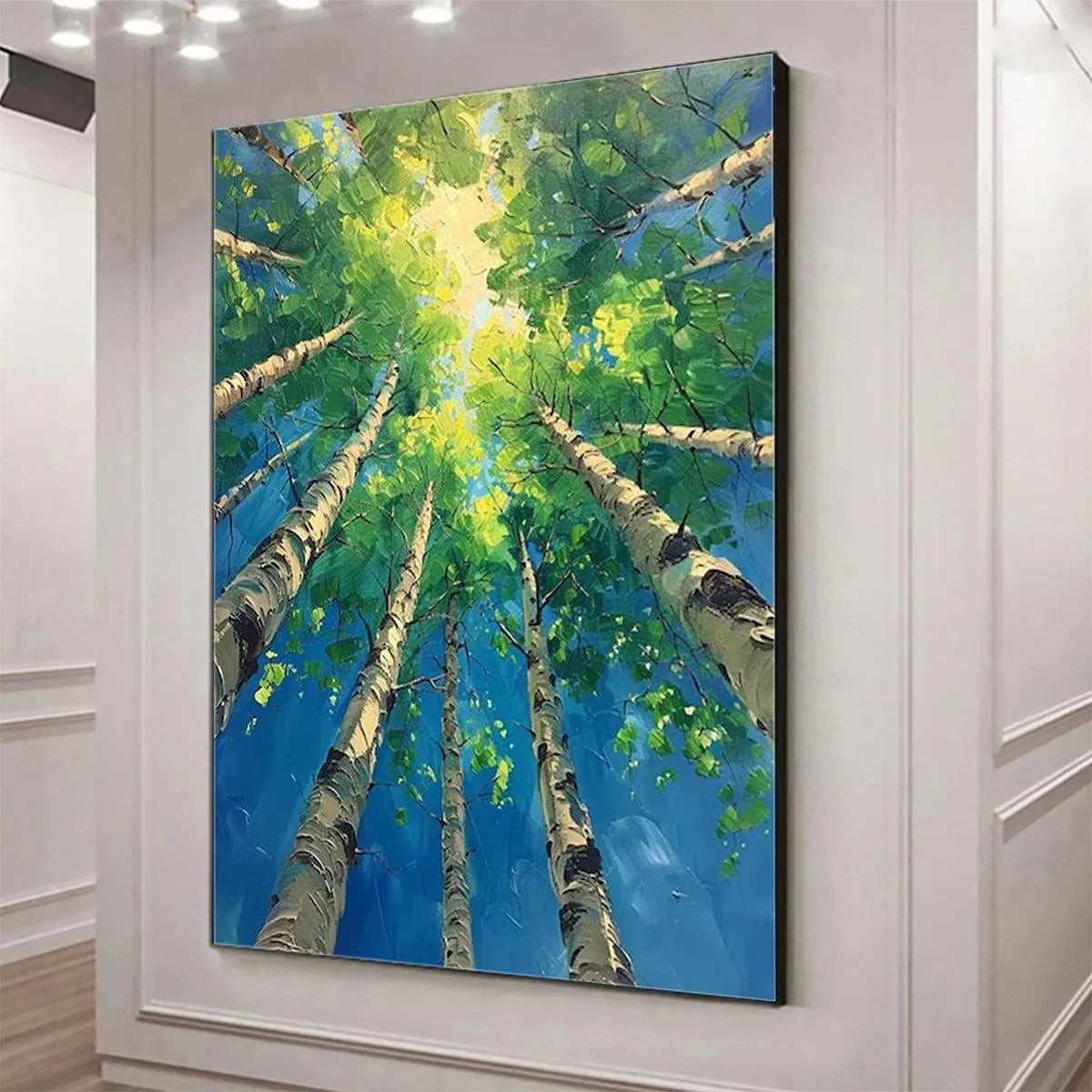 FOREST SUNRISE: Textured Birch Tree Painting, Impasto Wall Art, Vertical Canvas, Nature Decor