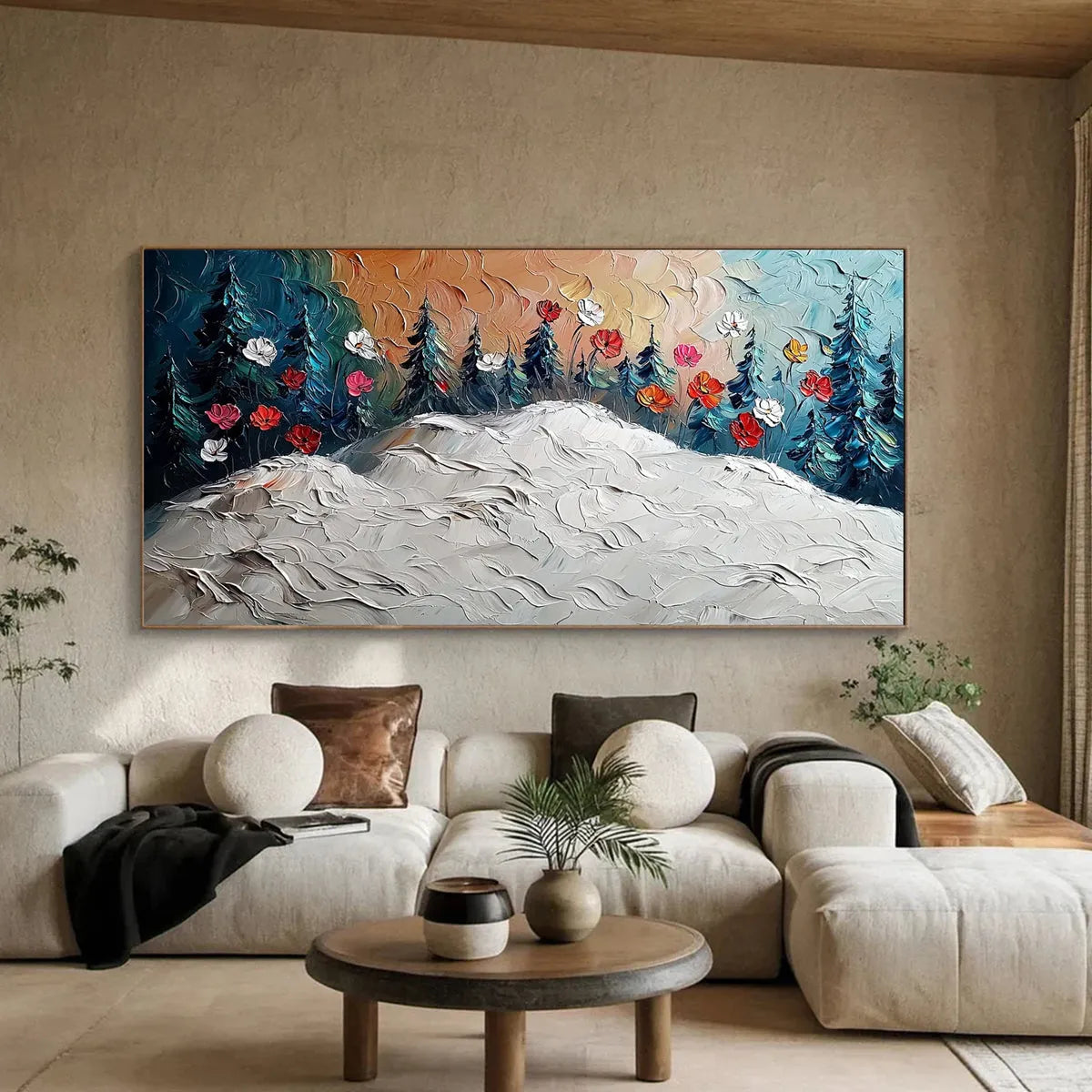 FROZEN BLOOM: Textured Impasto Landscape with Floral Accents