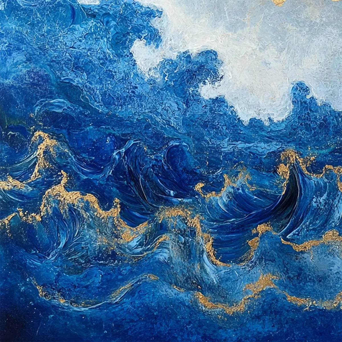 AZURE CREST: Square Abstract Ocean Waves Oil Painting with Gold Leaf