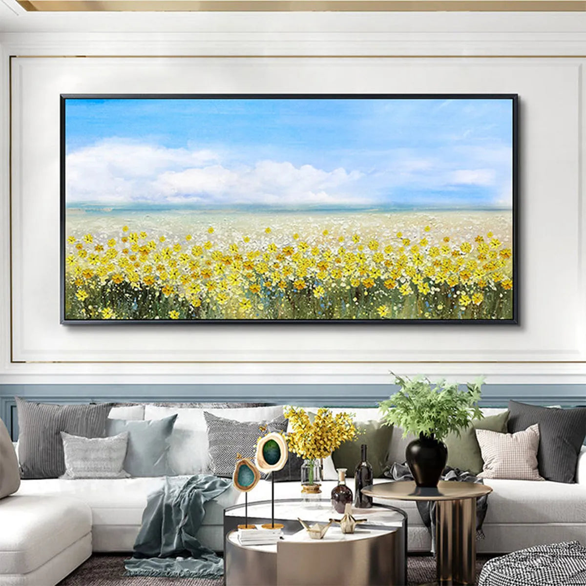 GOLDEN HOUR BLOOM: Landscape Oil Painting with Yellow Wildflowers and Blue Sky