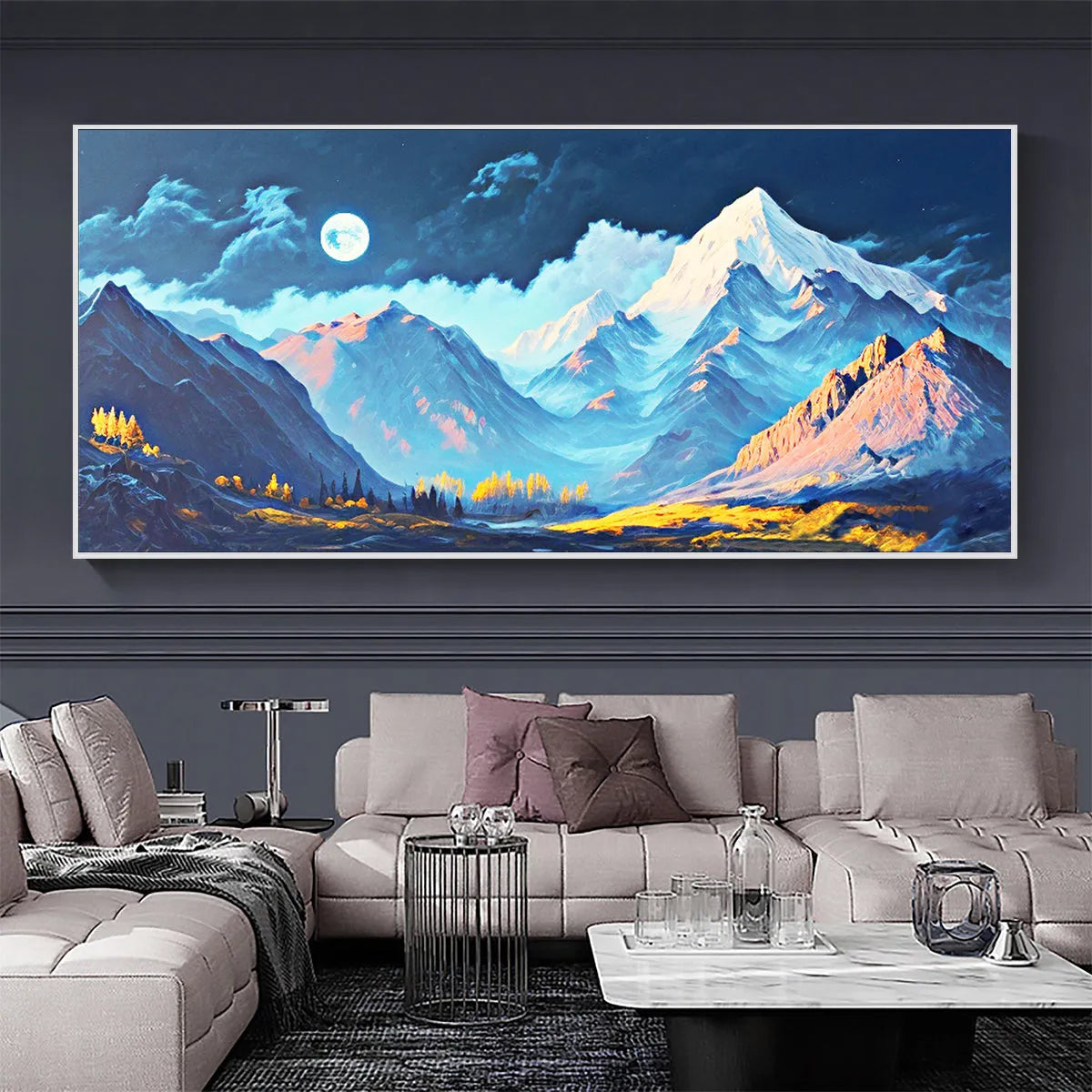 MOONLIT MAJESTY: Panoramic Mountain Landscape Oil Painting with Moon